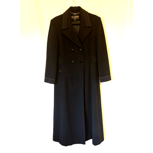 St. John Cashmere Coat 8 Womens Long Black Fit Collar Embroidered Lined Pockets - Picture 1 of 16